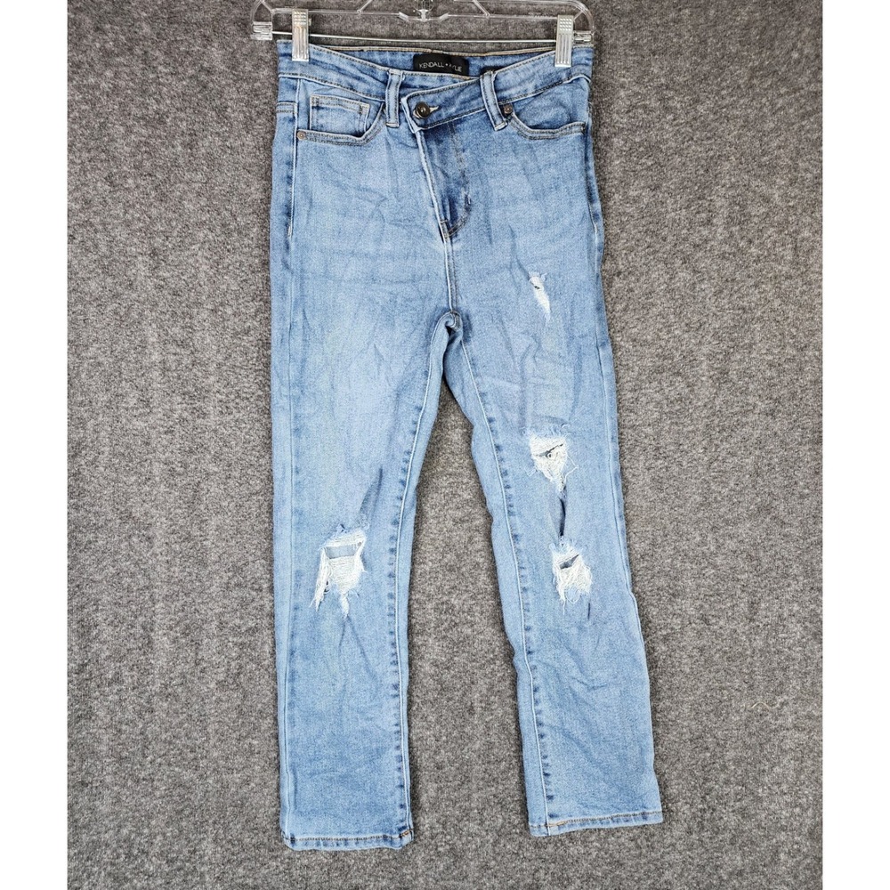 Kendall + Kylie Jeans Womens 0 The Icon High Rise Straight Blue Distressed EUC